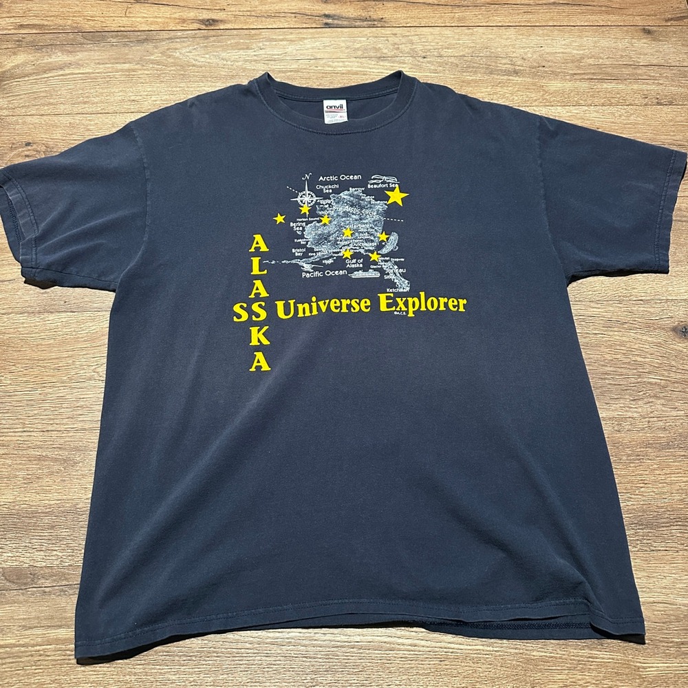 Vintage Anvil Alaska SS Universe Explorer T-Shirt Navy Blue‎ Men's Size XL